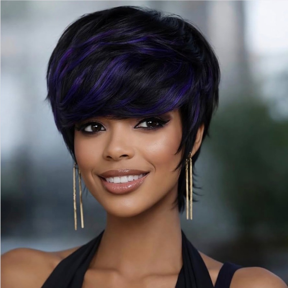 Pixie Cut Human Hair Wig Short Straight Black Purple Highlights Brazilian Bob